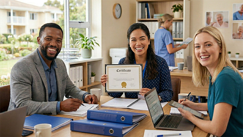 Smiling older woman with caregiver, for RCFE Administrator Certification Training.
